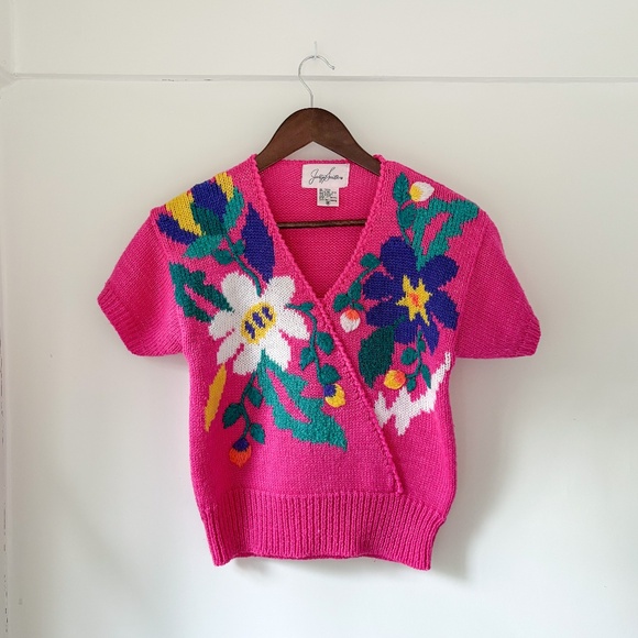 Jaclyn Smith Sweaters - Vintage 80s Jaclyn Smith Knit Sweater Pink Floral Colorful Maximalist Size Sm